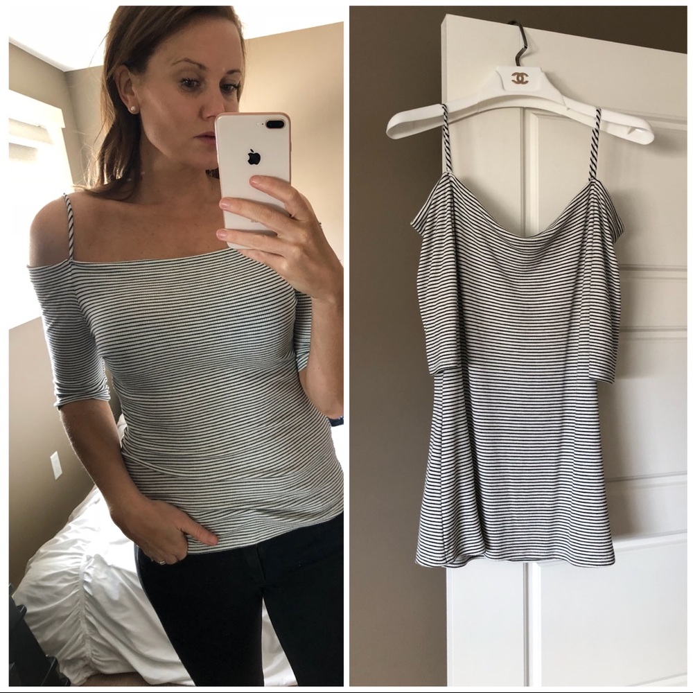 Off the shoulder white-black striped shirt